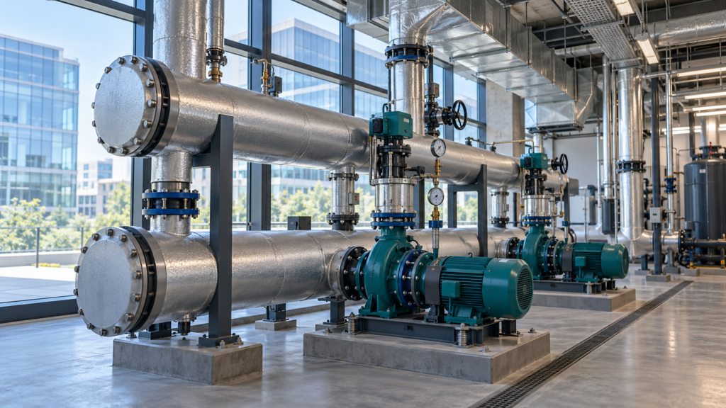 Modern bir binada HVAC pompaları, kontrol vanaları ve yalıtımlı tesisat